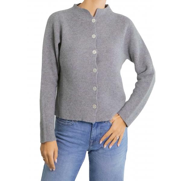 Cardigan tinta unita con bottoni e colletto alla coreana misto cashmere 